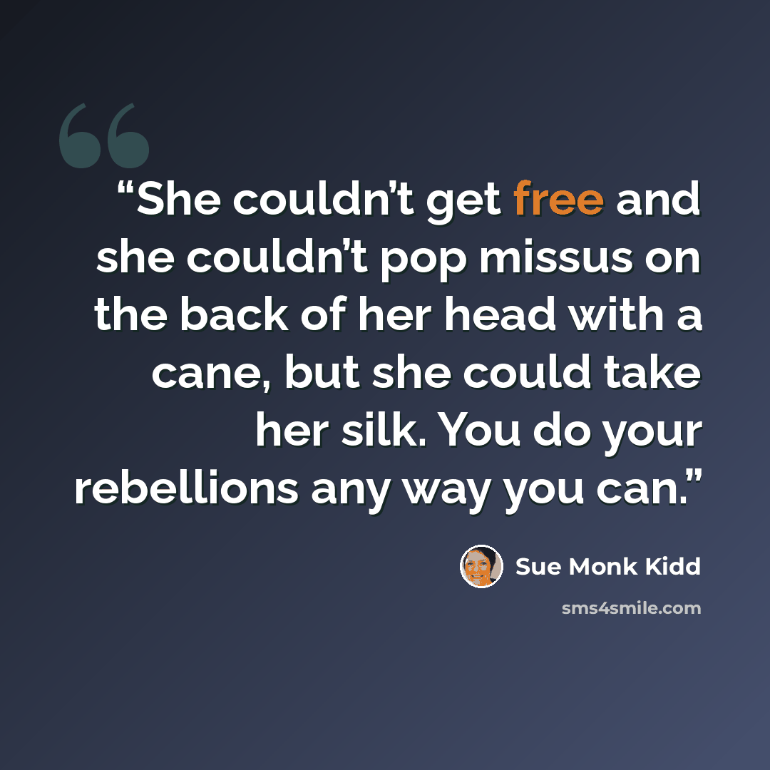 “She couldn’t get free and she couldn’t pop missus on the back of her head with a cane, but she could take her silk. You do your rebellions any way you can.” quote by Sue Monk Kidd