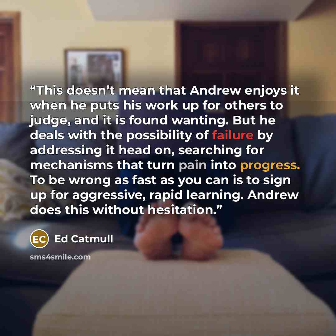 “This doesn’t mean that Andrew enjoys it when he puts his work up for others to judge, and it is found wanting. But he deals with the possibility of failure by addressing it head on, searching for mechanisms that turn pain into progress. To be wrong as fast as you can is to sign up for aggressive…” quote by Ed Catmull