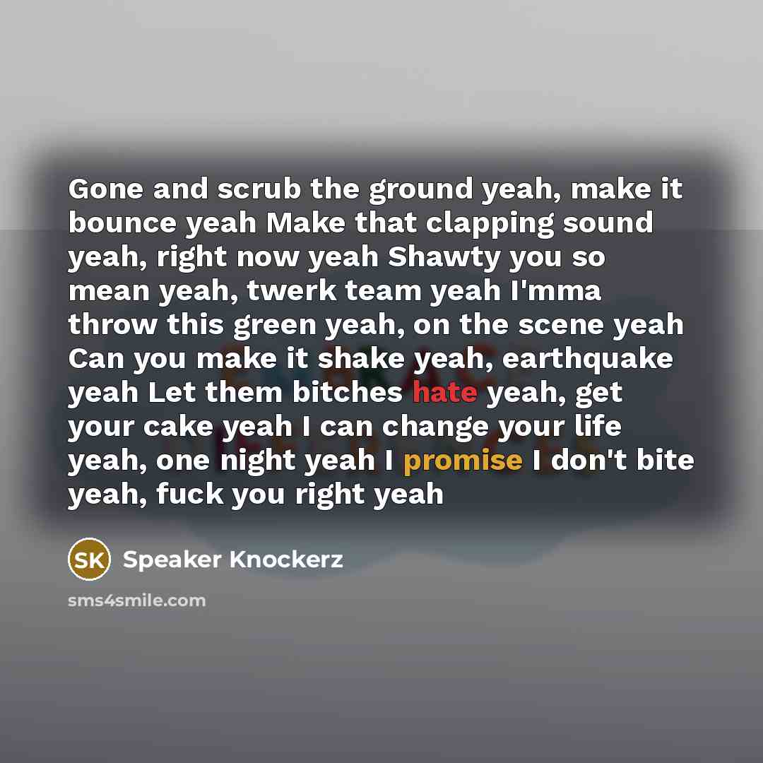 “Gone and scrub the ground yeah, make it bounce yeah Make that clapping sound yeah, right now yeah Shawty you so mean yeah, twerk team yeah I'mma throw this green yeah, on the scene yeah Can you make it shake yeah, earthquake yeah Let them bitches hate yeah, get your cake yeah I can change your…” quote by Speaker Knockerz