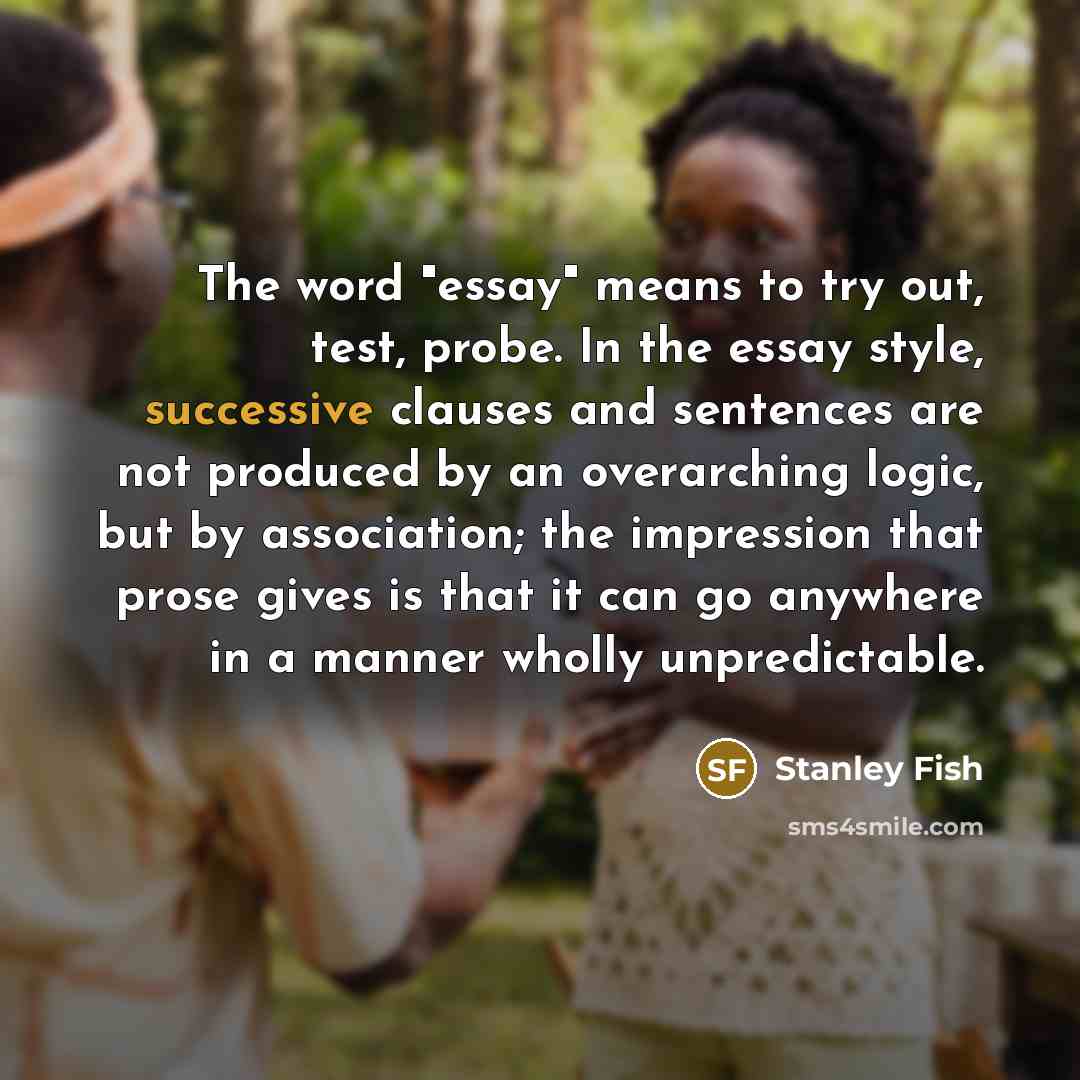“The word "essay" means to try out, test, probe. In the essay style, successive clauses and sentences are not produced by an overarching logic, but by association; the impression that prose gives is that it can go anywhere in a manner wholly unpredictable.” quote by Stanley Fish