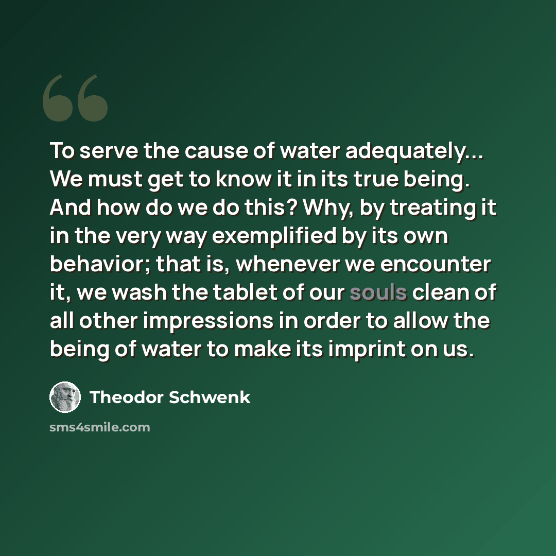 “To serve the cause of water adequately... We must get to know it in its true being. And how do we do this? Why, by treating it in the very way exemplified by its own behavior; that is, whenever we encounter it, we wash the tablet of our souls clean of all other impressions in order to allow the…” quote by Theodor Schwenk