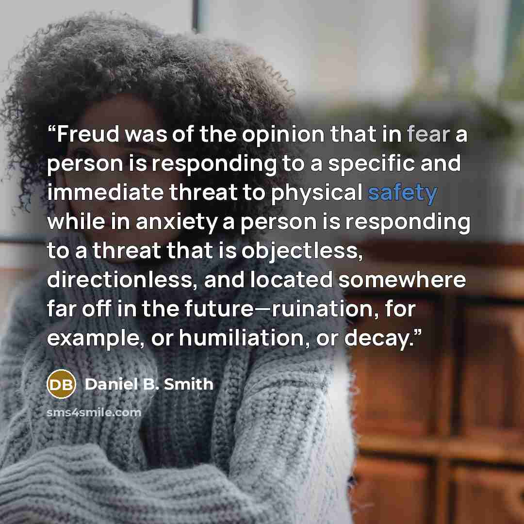 “Freud was of the opinion that in fear a person is responding to a specific and immediate threat to physical safety while in anxiety a person is responding to a threat that is objectless, directionless, and located somewhere far off in the future—ruination, for example, or humiliation, or decay.” quote by Daniel B. Smith