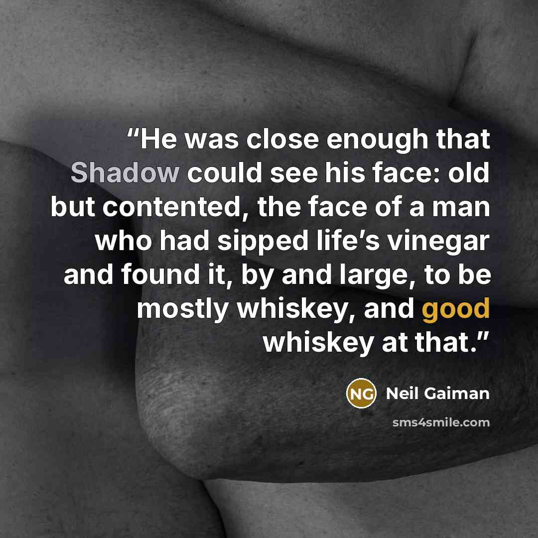 “He was close enough that Shadow could see his face: old but contented, the face of a man who had sipped life’s vinegar and found it, by and large, to be mostly whiskey, and good whiskey at that.” quote by Neil Gaiman
