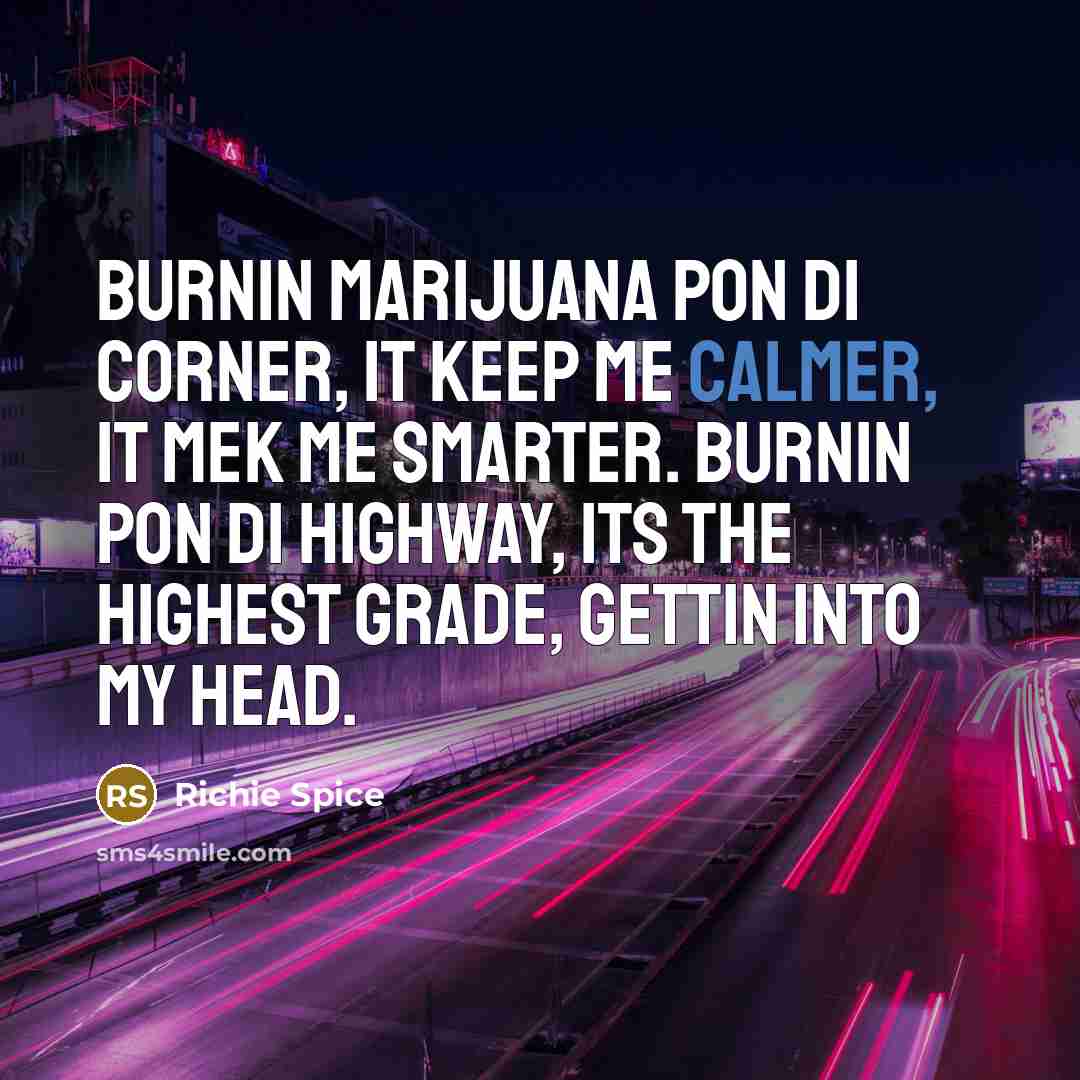 “Burnin marijuana pon di corner, It keep me calmer, It mek me smarter. Burnin pon di highway, its the highest grade, gettin into my head.” quote by Richie Spice