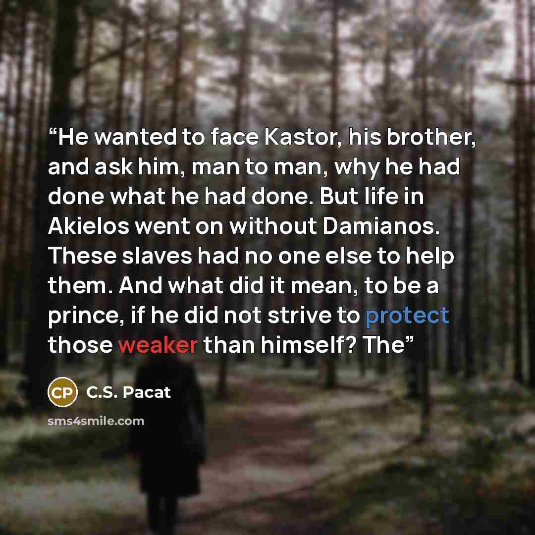 “He wanted to face Kastor, his brother, and ask him, man to man, why he had done what he had done. But life in Akielos went on without Damianos. These slaves had no one else to help them. And what did it mean, to be a prince, if he did not strive to protect those weaker than himself? The” quote by C.S. Pacat