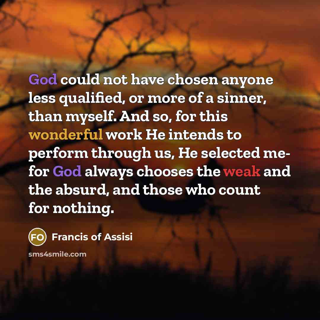 “God could not have chosen anyone less qualified, or more of a sinner, than myself. And so, for this wonderful work He intends to perform through us, He selected me- for God always chooses the weak and the absurd, and those who count for nothing.” quote by Francis of Assisi