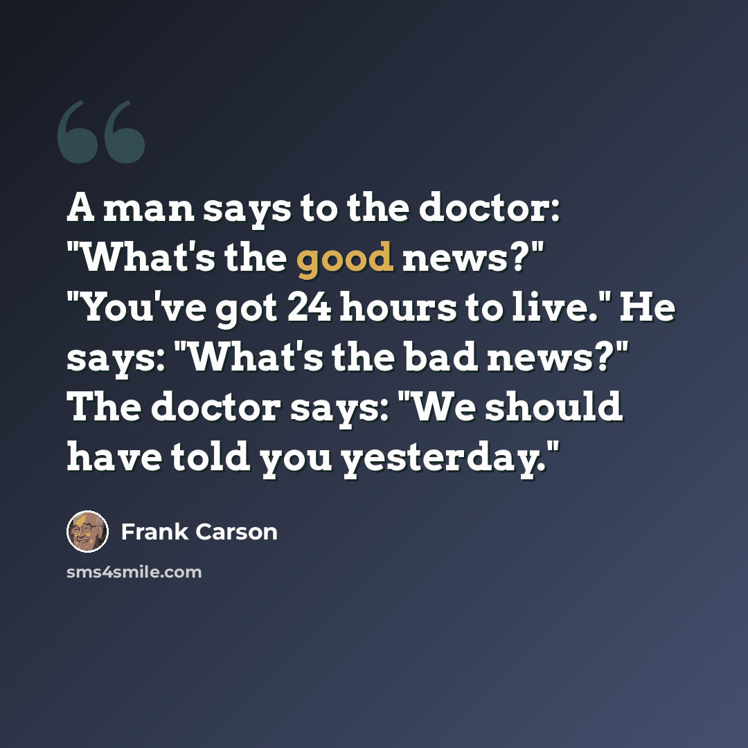 “A man says to the doctor: "What's the good news?" "You've got 24 hours to live." He says: "What's the bad news?" The doctor says: "We should have told you yesterday."” quote by Frank Carson