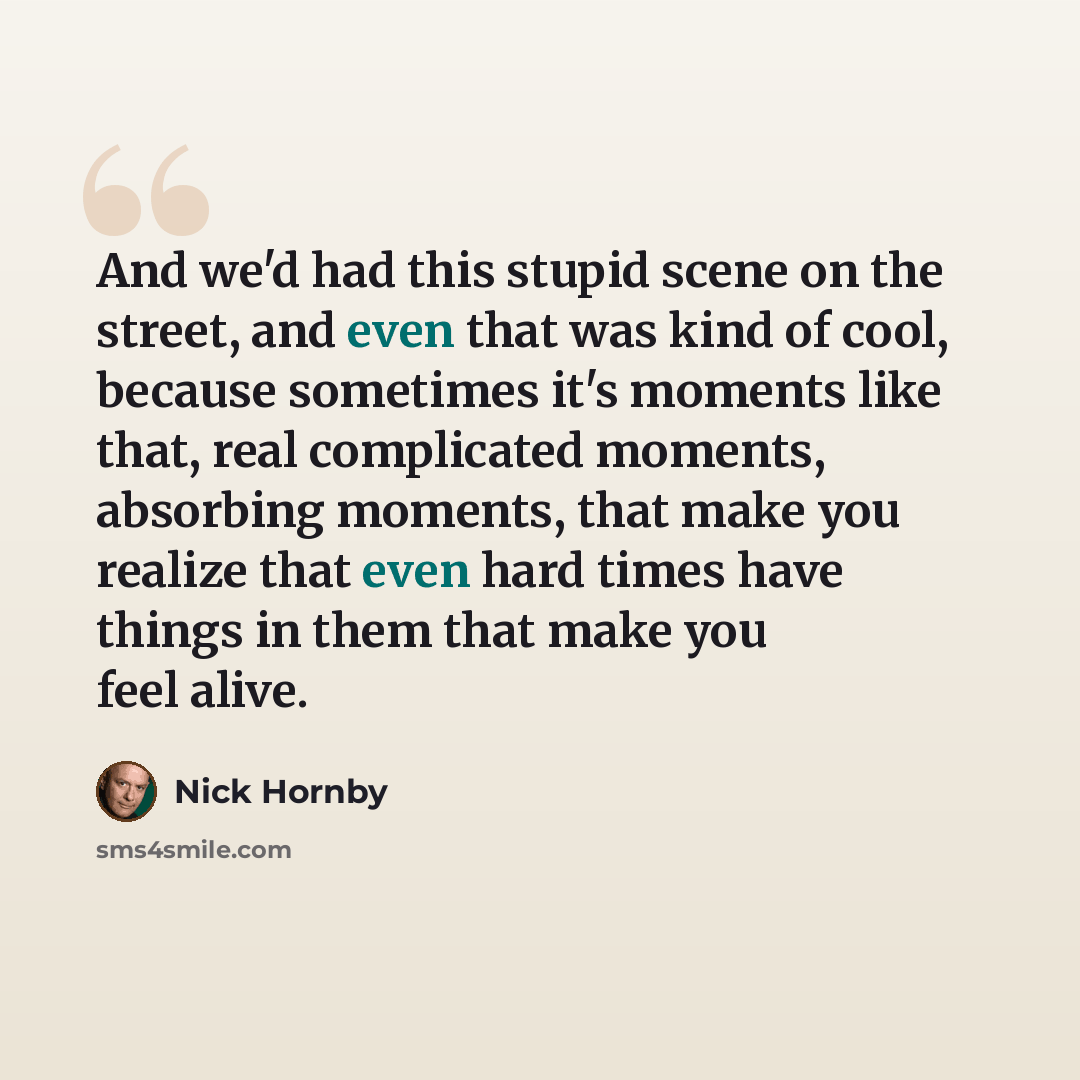 “And we'd had this stupid scene on the street, and even that was kind of cool, because sometimes it's moments like that, real complicated moments, absorbing moments, that make you realize that even hard times have things in them that make you feel alive.” quote by Nick Hornby