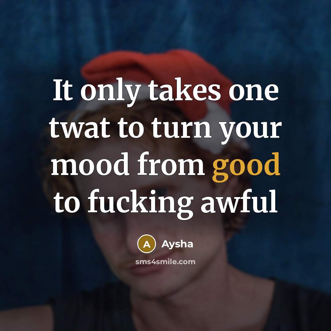 “It only takes one twat to turn your mood from good to fucking awful” quote by Aysha