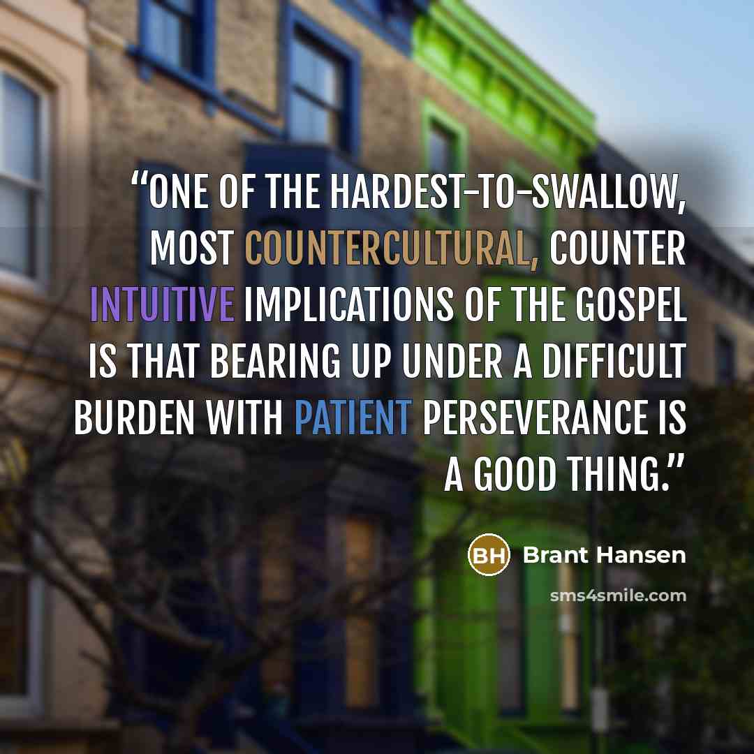 “One of the hardest-to-swallow, most countercultural, counter intuitive implications of the gospel is that bearing up under a difficult burden with patient perseverance is a good thing.” quote by Brant Hansen