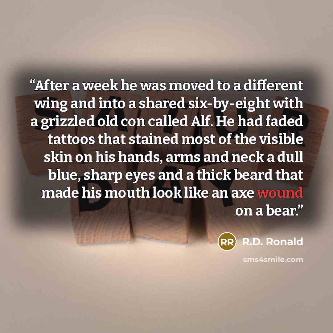 “After a week he was moved to a different wing and into a shared six-by-eight with a grizzled old con called Alf. He had faded tattoos that stained most of the visible skin on his hands, arms and neck a dull blue, sharp eyes and a thick beard that made his mouth look like an axe wound on a bear.” quote by R.D. Ronald