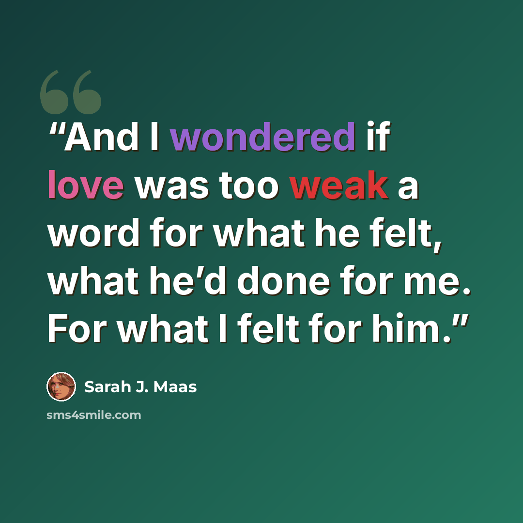 “And I wondered if love was too weak a word for what he felt, what he’d done for me. For what I felt for him.” quote by Sarah J. Maas
