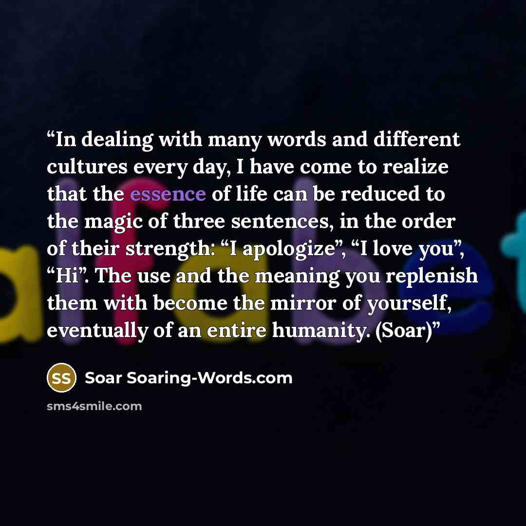 “In dealing with many words and different cultures every day, I have come to realize that the essence of life can be reduced to the magic of three sentences, in the order of their strength: “I apologize”, “I love you”, “Hi”. The use and the meaning you replenish them with become the mirror of…” quote by Soar Soaring-Words.com