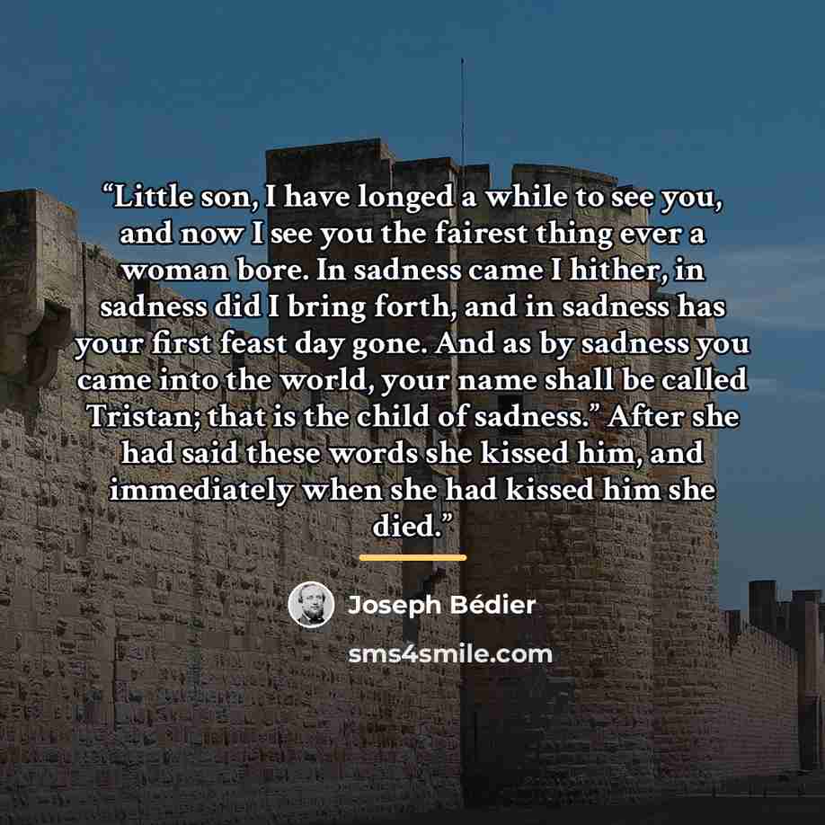 “Little son, I have longed a while to see you, and now I see you the fairest thing ever a woman bore. In sadness came I hither, in sadness did I bring forth, and in sadness has your first feast day gone. And as by sadness you came into the world, your name shall be called Tristan; that is the child…” quote by Joseph Bédier