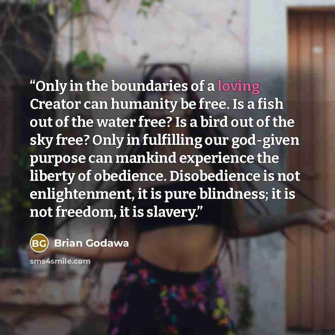 “Only in the boundaries of a loving Creator can humanity be free. Is a fish out of the water free? Is a bird out of the sky free? Only in fulfilling our god-given purpose can mankind experience the liberty of obedience. Disobedience is not enlightenment, it is pure blindness; it is not freedom, it…” quote by Brian Godawa