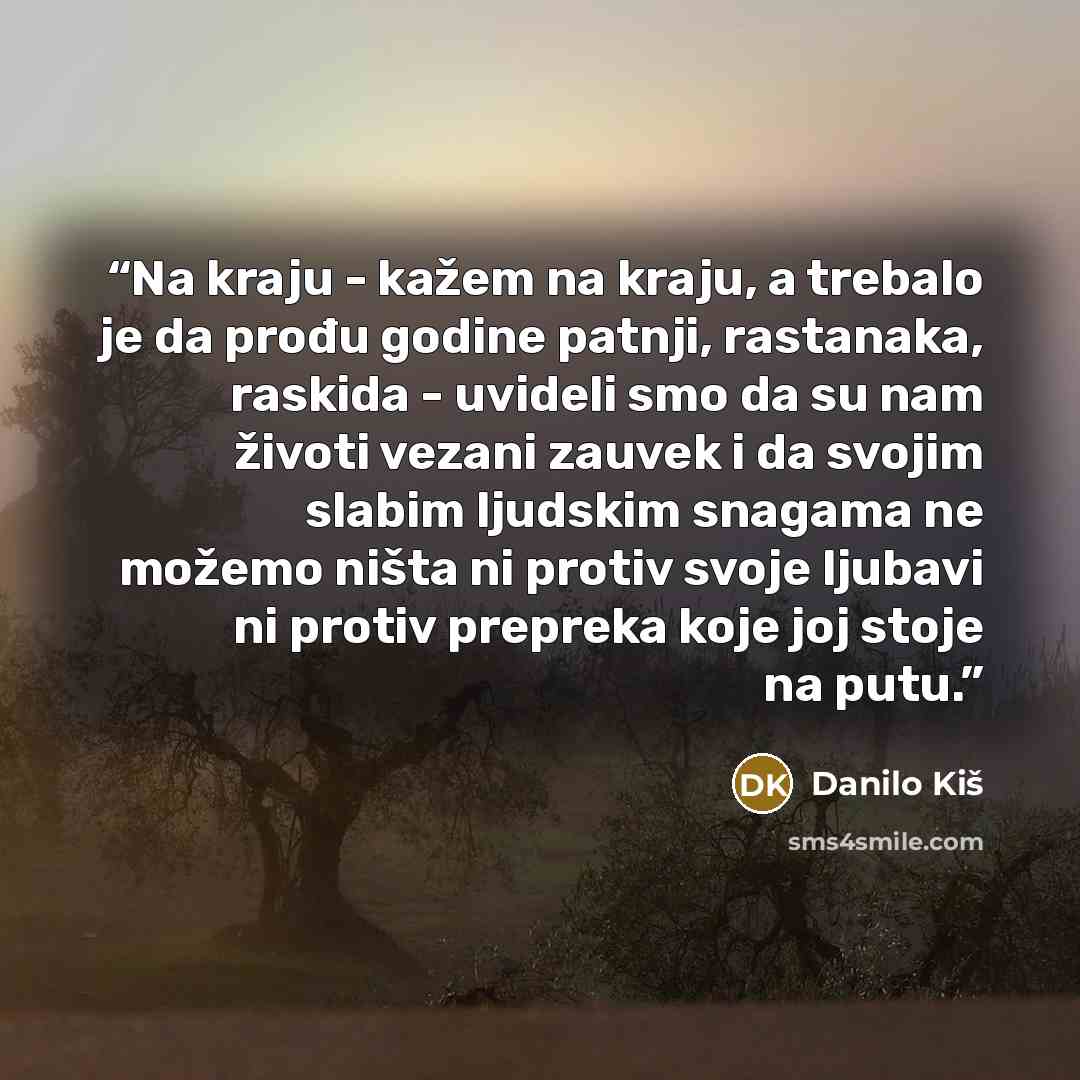“Na kraju - kažem na kraju, a trebalo je da prođu godine patnji, rastanaka, raskida - uvideli smo da su nam životi vezani zauvek i da svojim slabim ljudskim snagama ne možemo ništa ni protiv svoje ljubavi ni protiv prepreka koje joj stoje na putu.” quote by Danilo Kiš