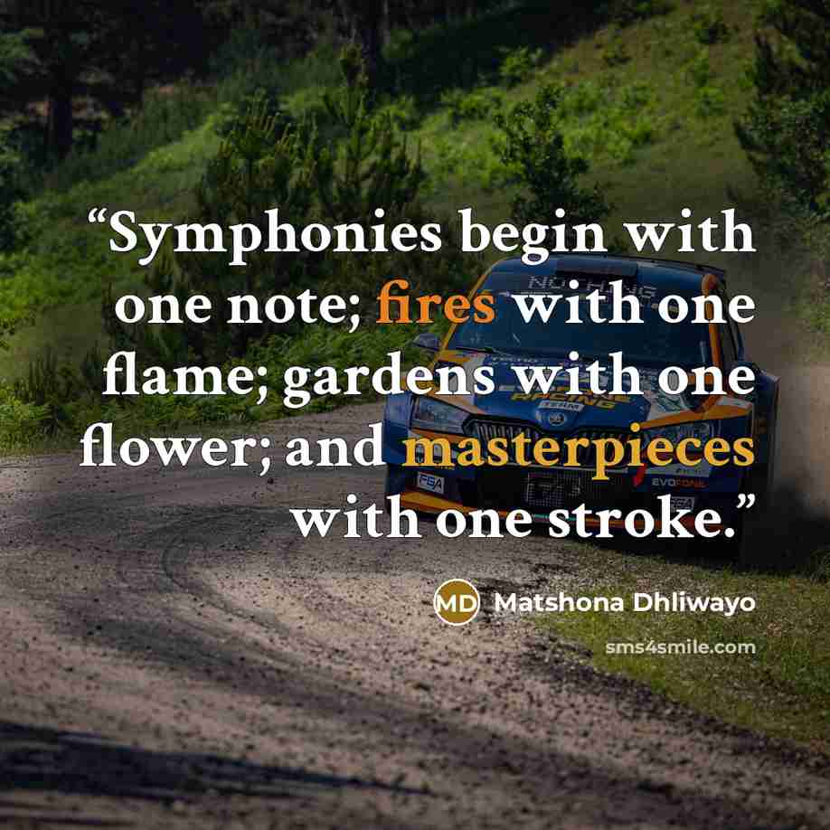 “Symphonies begin with one note; fires with one flame; gardens with one flower; and masterpieces with one stroke.” quote by Matshona Dhliwayo