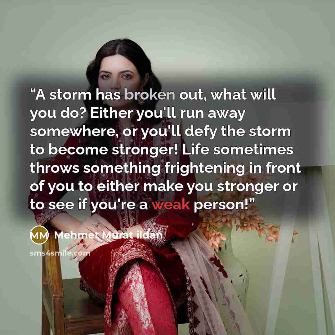 “A storm has broken out, what will you do? Either you'll run away somewhere, or you'll defy the storm to become stronger! Life sometimes throws something frightening in front of you to either make you stronger or to see if you're a weak person!” quote by Mehmet Murat ildan