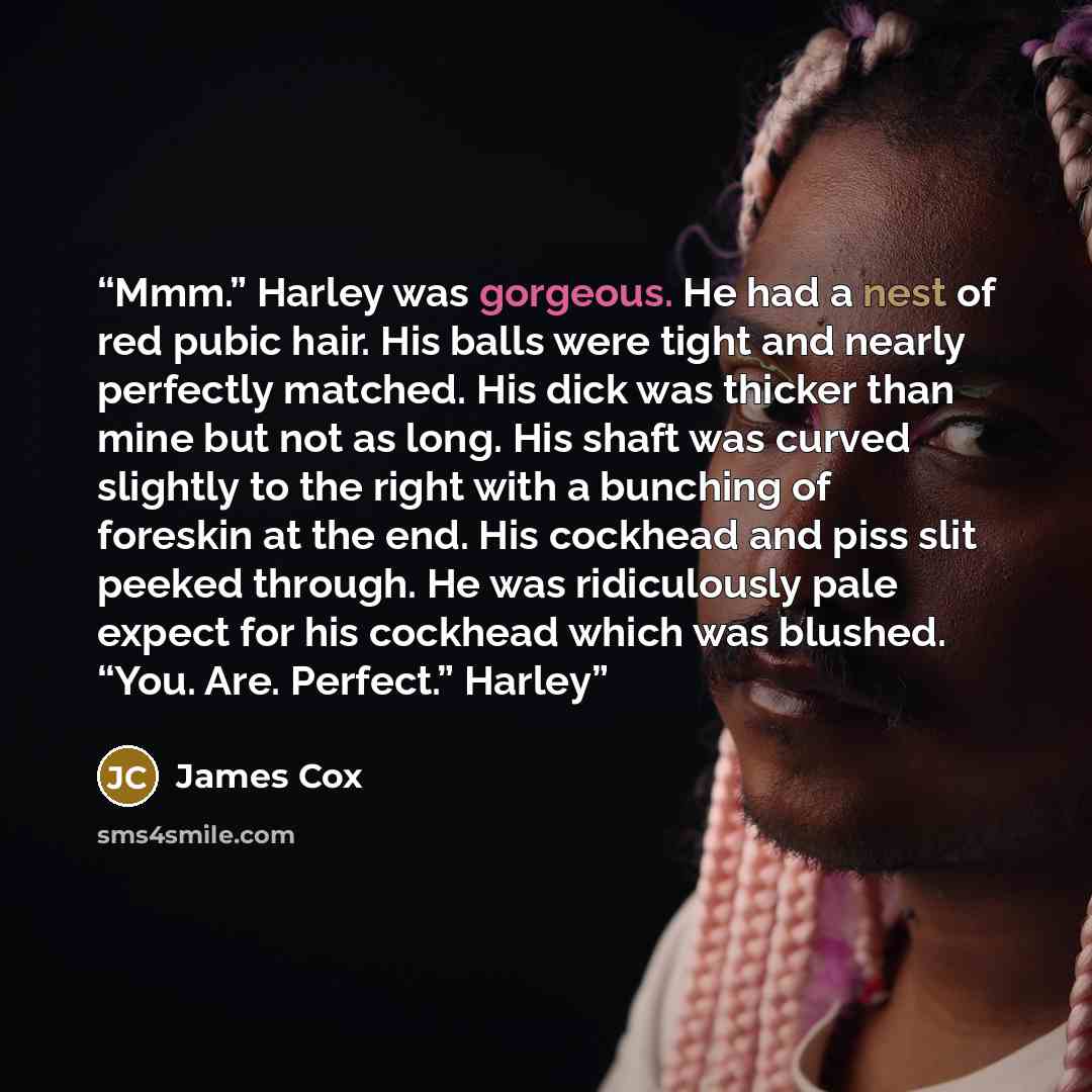 “Mmm.” Harley was gorgeous. He had a nest of red pubic hair. His balls were tight and nearly perfectly matched. His dick was thicker than mine but not as long. His shaft was curved slightly to the right with a bunching of foreskin at the end. His cockhead and piss slit peeked through. He was…” quote by James Cox