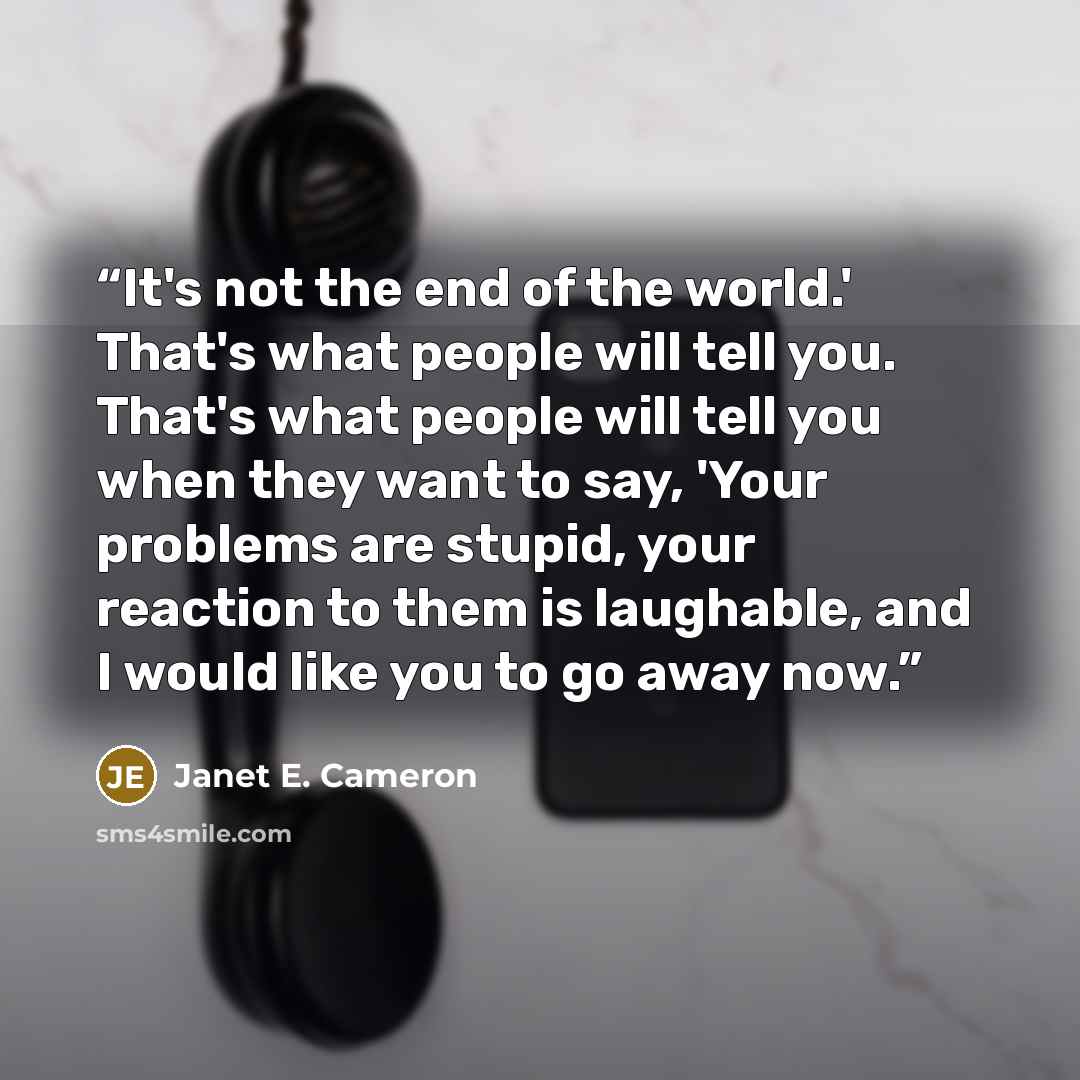 “It's not the end of the world.' That's what people will tell you. That's what people will tell you when they want to say, 'Your problems are stupid, your reaction to them is laughable, and I would like you to go away now.” quote by Janet E. Cameron