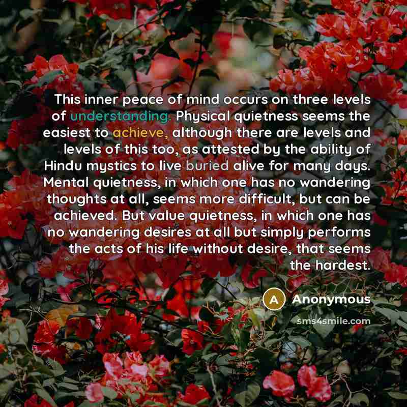 “This inner peace of mind occurs on three levels of understanding. Physical quietness seems the easiest to achieve, although there are levels and levels of this too, as attested by the ability of Hindu mystics to live buried alive for many days. Mental quietness, in which one has no wandering…” quote by Anonymous