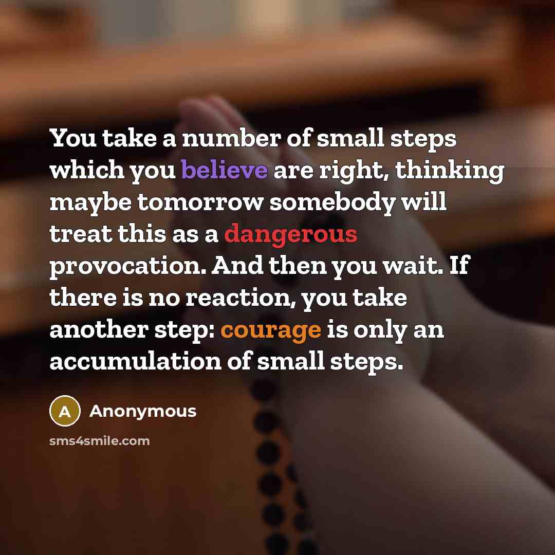 “You take a number of small steps which you believe are right, thinking maybe tomorrow somebody will treat this as a dangerous provocation. And then you wait. If there is no reaction, you take another step: courage is only an accumulation of small steps.” quote by Anonymous