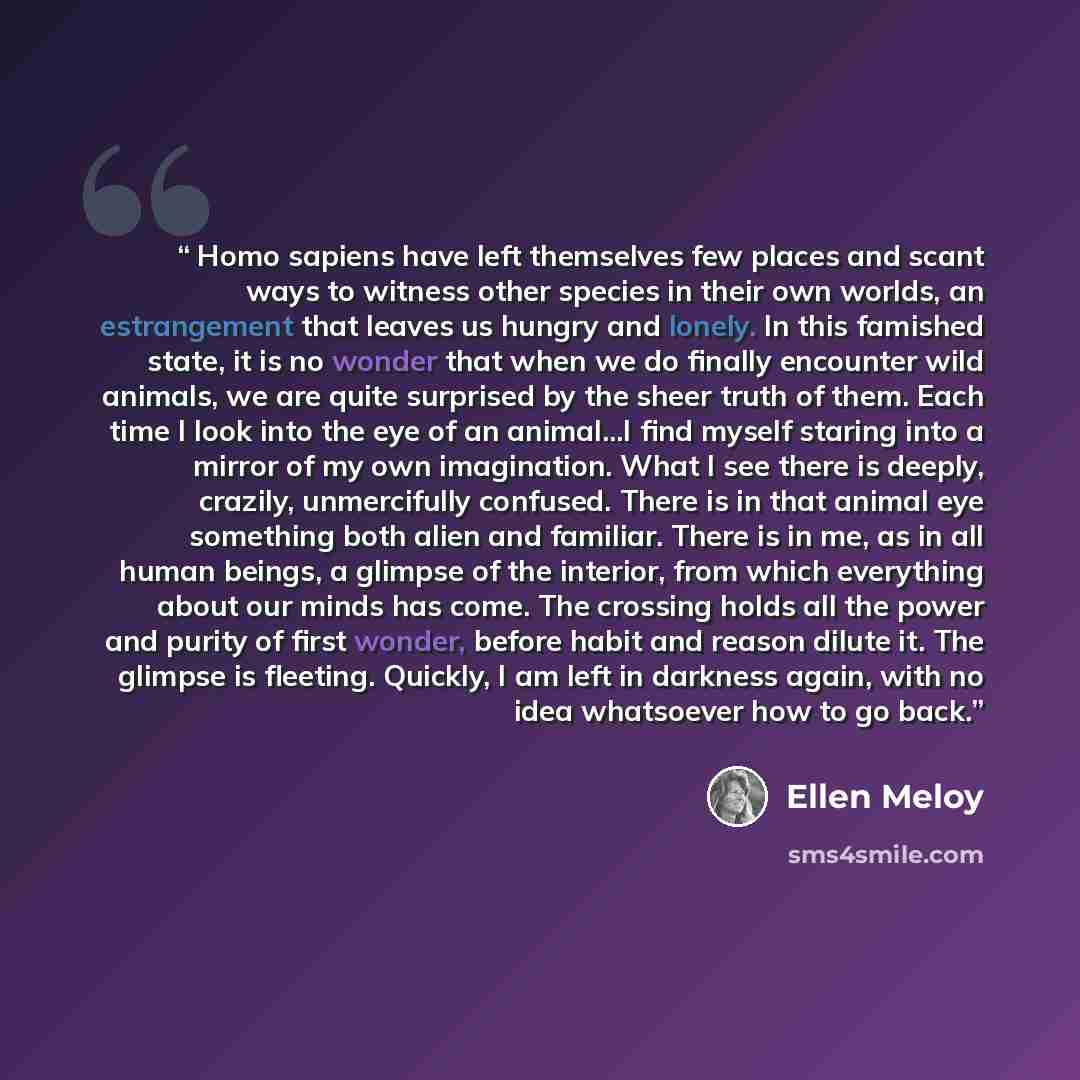 “Homo sapiens have left themselves few places and scant ways to witness other species in their own worlds, an estrangement that leaves us hungry and lonely. In this famished state, it is no wonder that when we do finally encounter wild animals, we are quite surprised by the sheer truth of them…” quote by Ellen Meloy