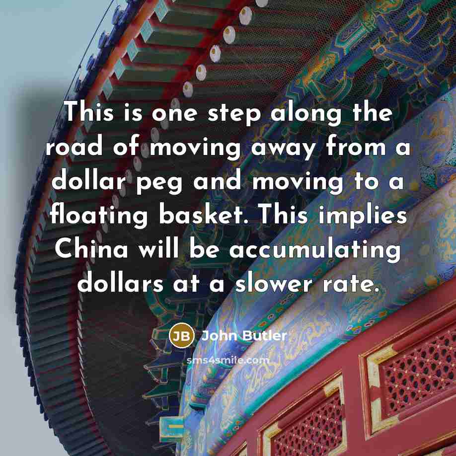 “This is one step along the road of moving away from a dollar peg and moving to a floating basket. This implies China will be accumulating dollars at a slower rate.” quote by John Butler