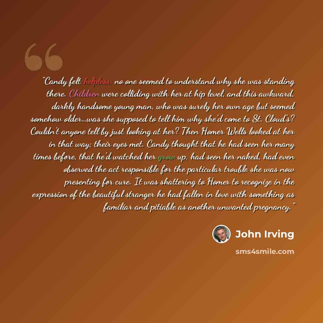 “Candy felt helpless; no one seemed to understand why she was standing there. Children were colliding with her at hip level, and this awkward, darkly handsome young man, who was surely her own age but seemed somehow older…was she supposed to tell him why she’d come to St. Cloud’s? Couldn’t anyone…” quote by John Irving