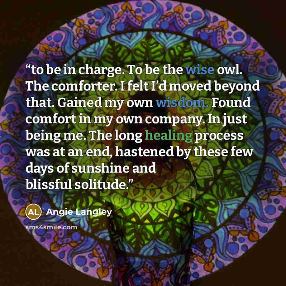 “to be in charge. To be the wise owl. The comforter. I felt I’d moved beyond that. Gained my own wisdom. Found comfort in my own company. In just being me. The long healing process was at an end, hastened by these few days of sunshine and blissful solitude.” quote by Angie Langley