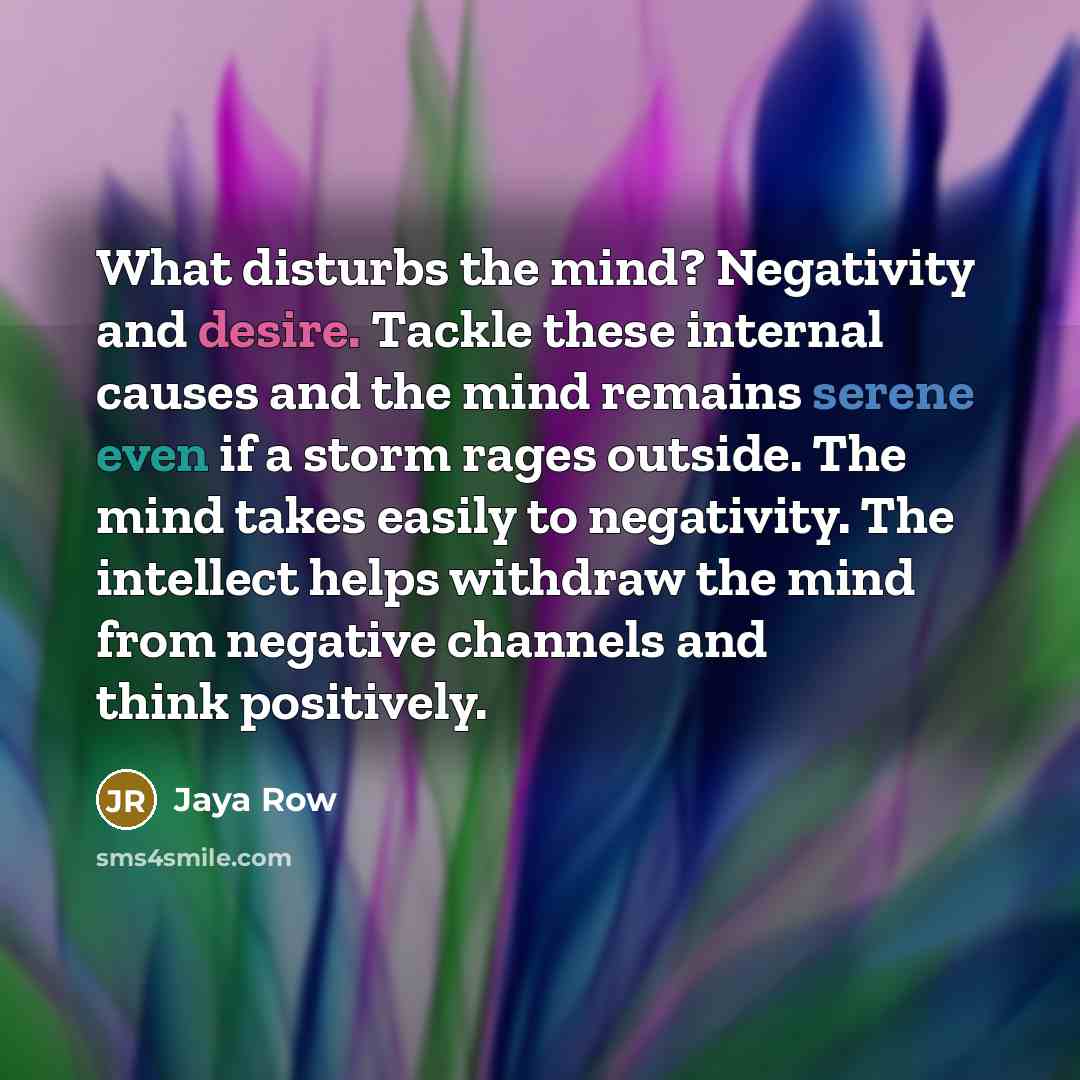 “What disturbs the mind? Negativity and desire. Tackle these internal causes and the mind remains serene even if a storm rages outside. The mind takes easily to negativity. The intellect helps withdraw the mind from negative channels and think positively.” quote by Jaya Row