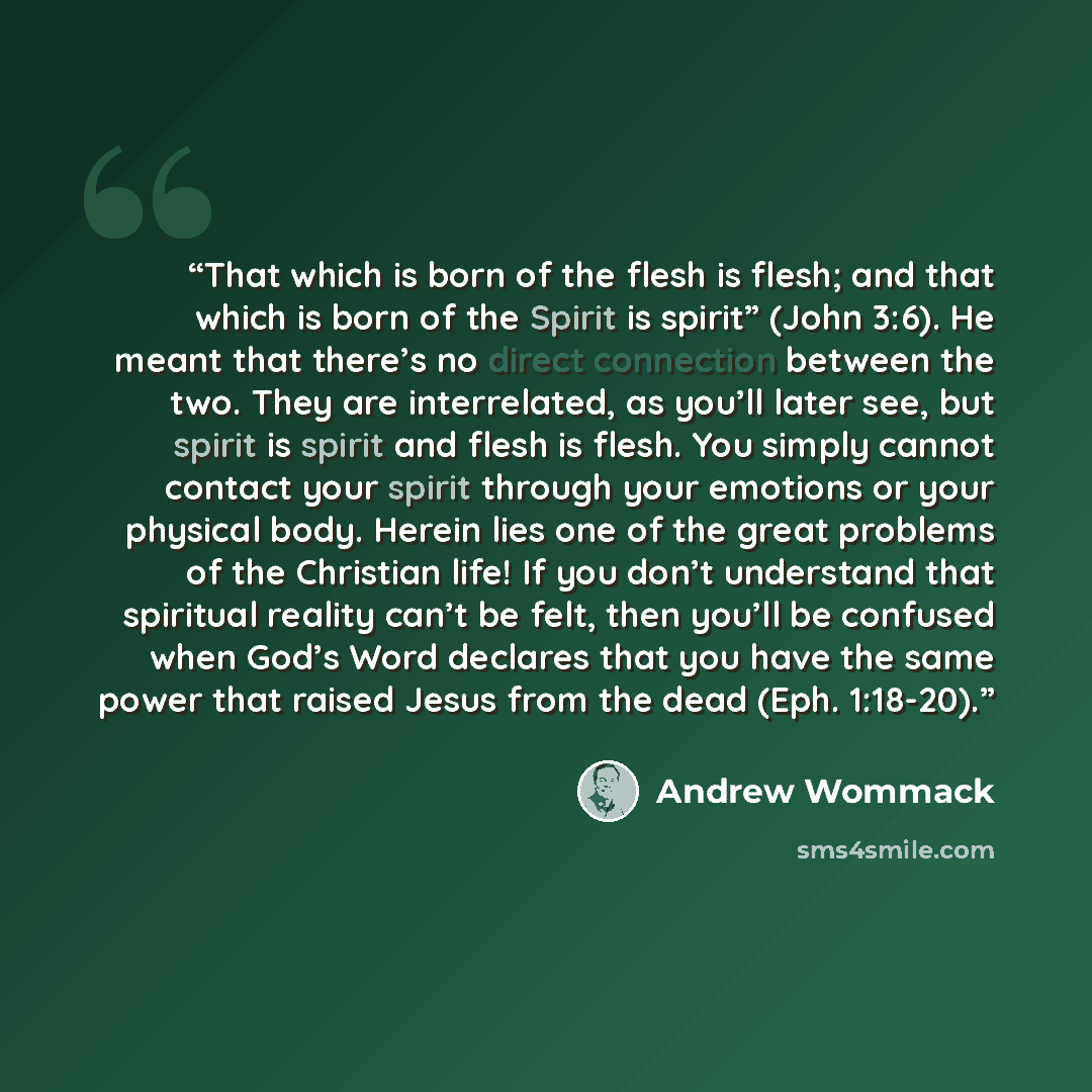 “That which is born of the flesh is flesh; and that which is born of the Spirit is spirit” (John 3:6). He meant that there’s no direct connection between the two. They are interrelated, as you’ll later see, but spirit is spirit and flesh is flesh. You simply cannot contact your spirit through your…” quote by Andrew Wommack