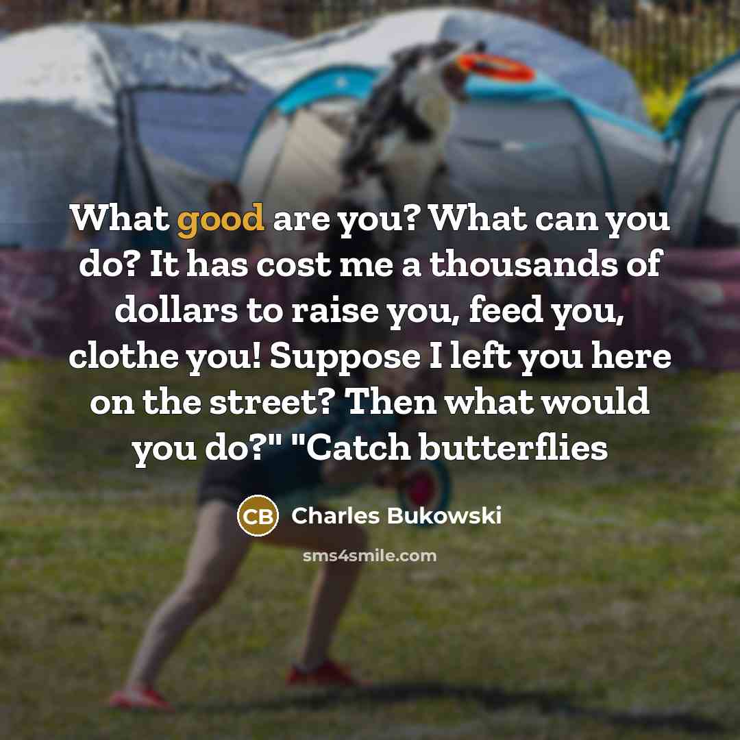 “What good are you? What can you do? It has cost me a thousands of dollars to raise you, feed you, clothe you! Suppose I left you here on the street? Then what would you do?" "Catch butterflies” quote by Charles Bukowski