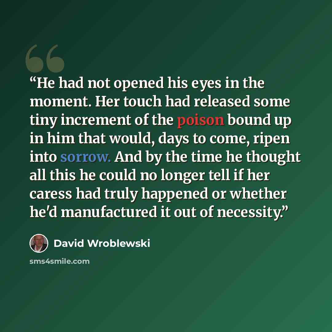 “He had not opened his eyes in the moment. Her touch had released some tiny increment of the poison bound up in him that would, days to come, ripen into sorrow. And by the time he thought all this he could no longer tell if her caress had truly happened or whether he'd manufactured it out of…” quote by David Wroblewski