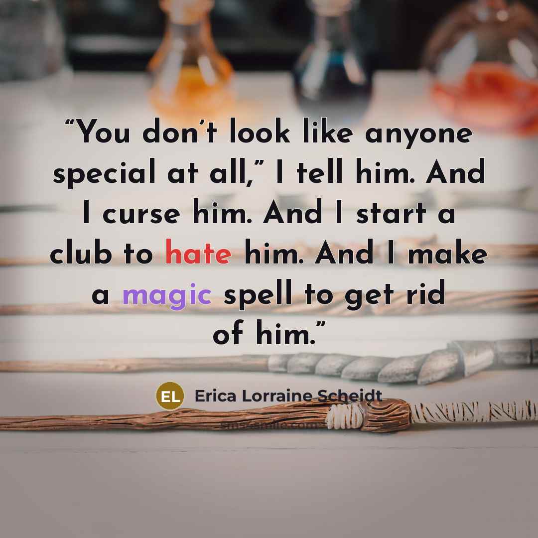 “You don’t look like anyone special at all,” I tell him. And I curse him. And I start a club to hate him. And I make a magic spell to get rid of him.” quote by Erica Lorraine Scheidt