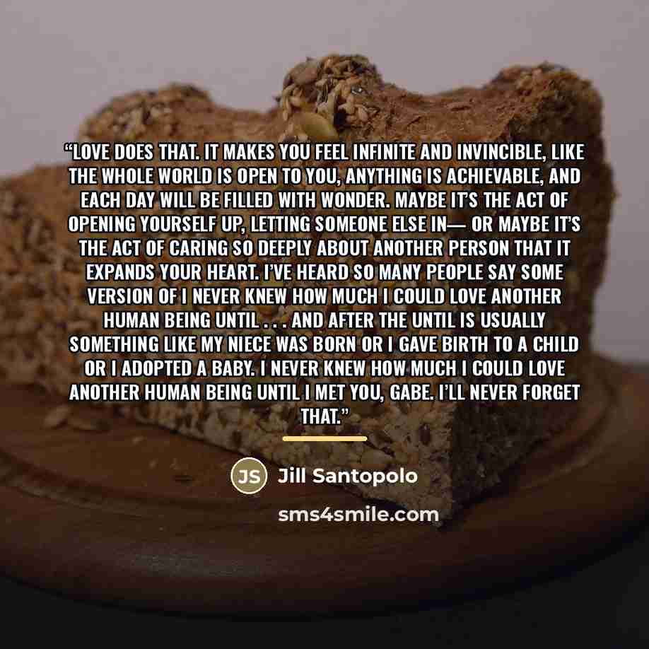 “Love does that. It makes you feel infinite and invincible, like the whole world is open to you, anything is achievable, and each day will be filled with wonder. Maybe it’s the act of opening yourself up, letting someone else in— or maybe it’s the act of caring so deeply about another person that…” quote by Jill Santopolo