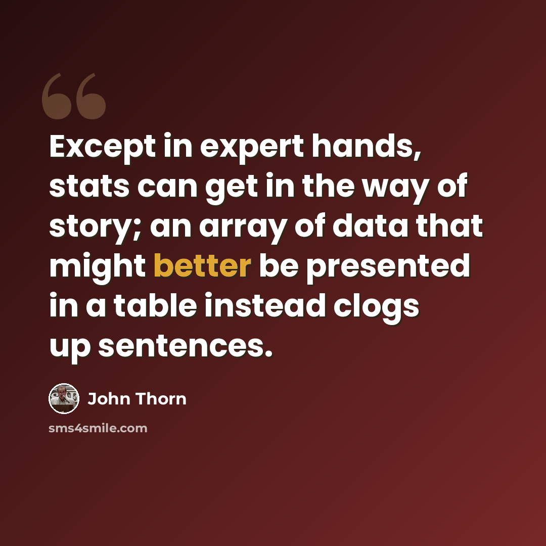 “Except in expert hands, stats can get in the way of story; an array of data that might better be presented in a table instead clogs up sentences.” quote by John Thorn