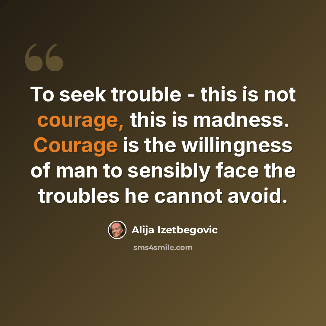 “To seek trouble - this is not courage, this is madness. Courage is the willingness of man to sensibly face the troubles he cannot avoid.” quote by Alija Izetbegovic
