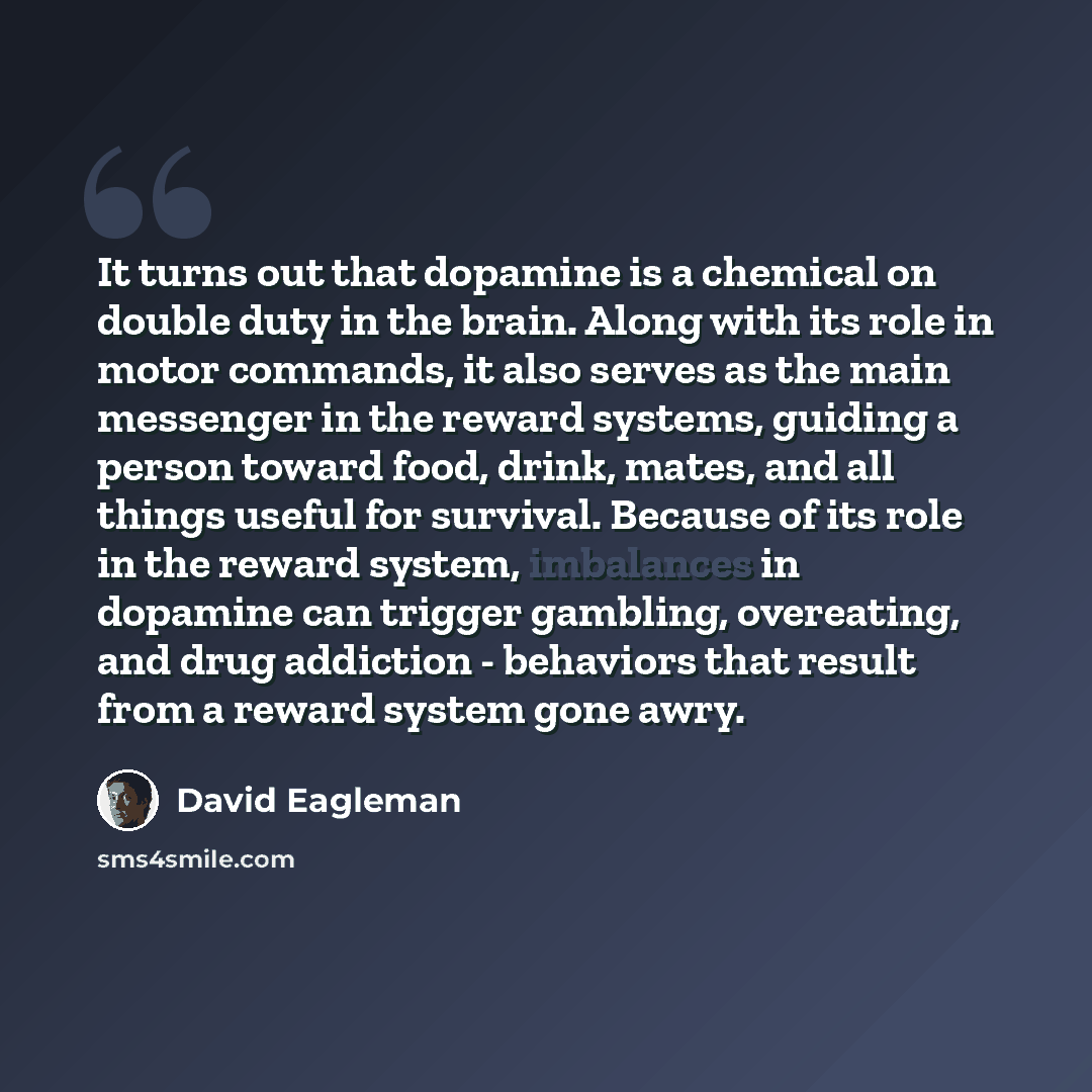 “It turns out that dopamine is a chemical on double duty in the brain. Along with its role in motor commands, it also serves as the main messenger in the reward systems, guiding a person toward food, drink, mates, and all things useful for survival. Because of its role in the reward system…” quote by David Eagleman