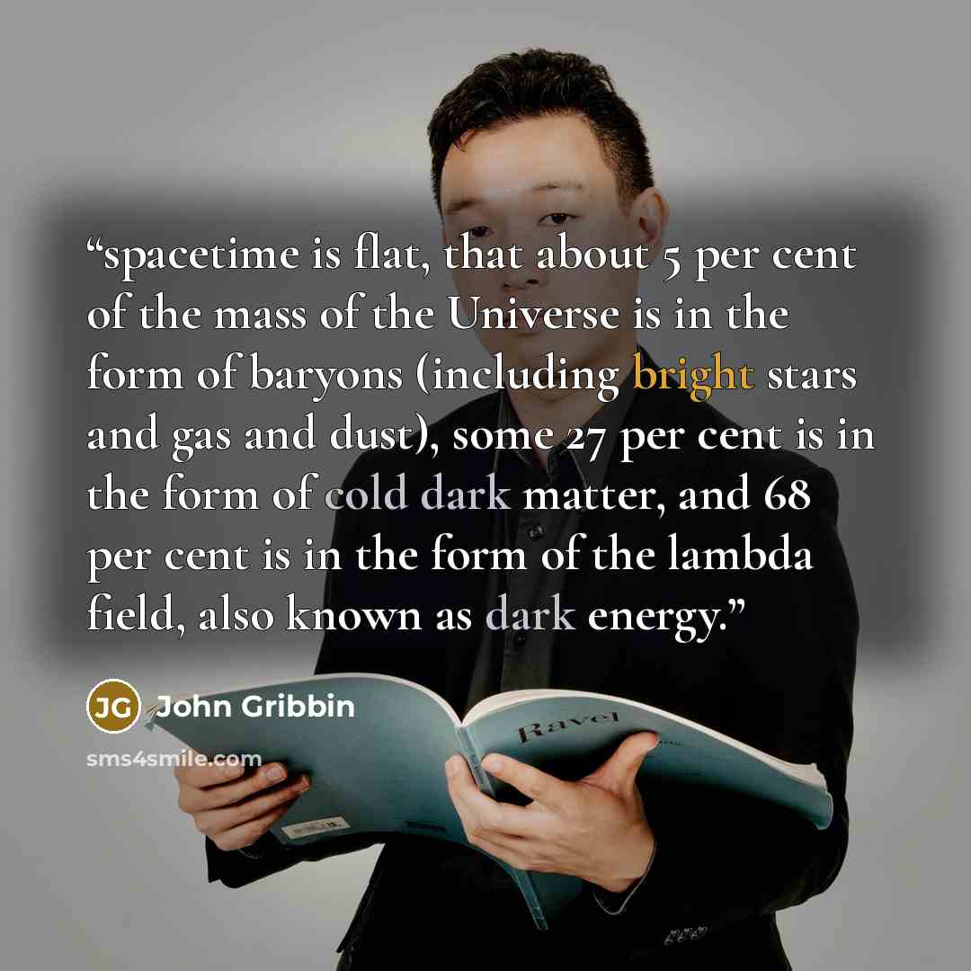 “spacetime is flat, that about 5 per cent of the mass of the Universe is in the form of baryons (including bright stars and gas and dust), some 27 per cent is in the form of cold dark matter, and 68 per cent is in the form of the lambda field, also known as dark energy.” quote by John Gribbin