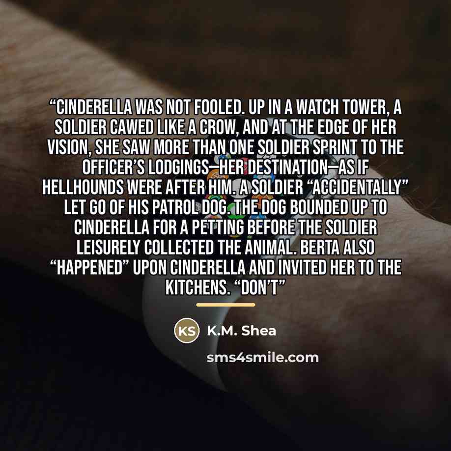“Cinderella was not fooled. Up in a watch tower, a soldier cawed like a crow, and at the edge of her vision, she saw more than one soldier sprint to the officer’s lodgings—her destination—as if hellhounds were after him. A soldier “accidentally” let go of his patrol dog. The dog bounded up to…” quote by K.M. Shea