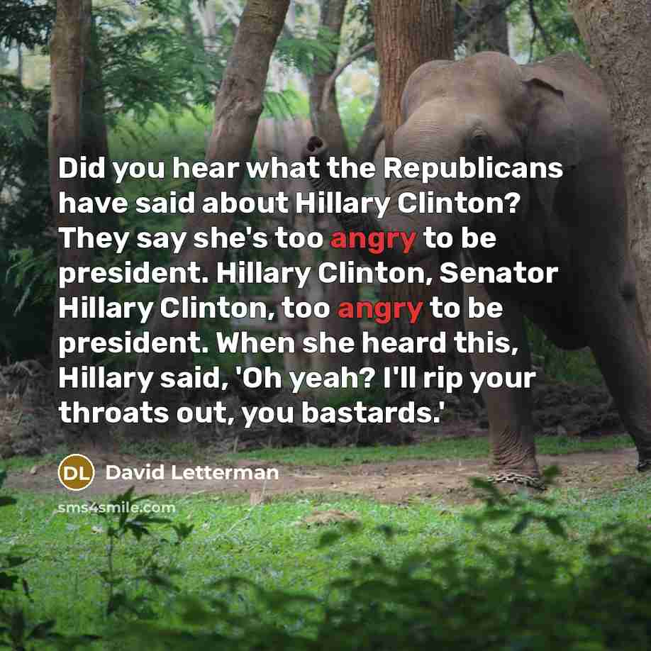 “Did you hear what the Republicans have said about Hillary Clinton? They say she's too angry to be president. Hillary Clinton, Senator Hillary Clinton, too angry to be president. When she heard this, Hillary said, 'Oh yeah? I'll rip your throats out, you bastards.'” quote by David Letterman