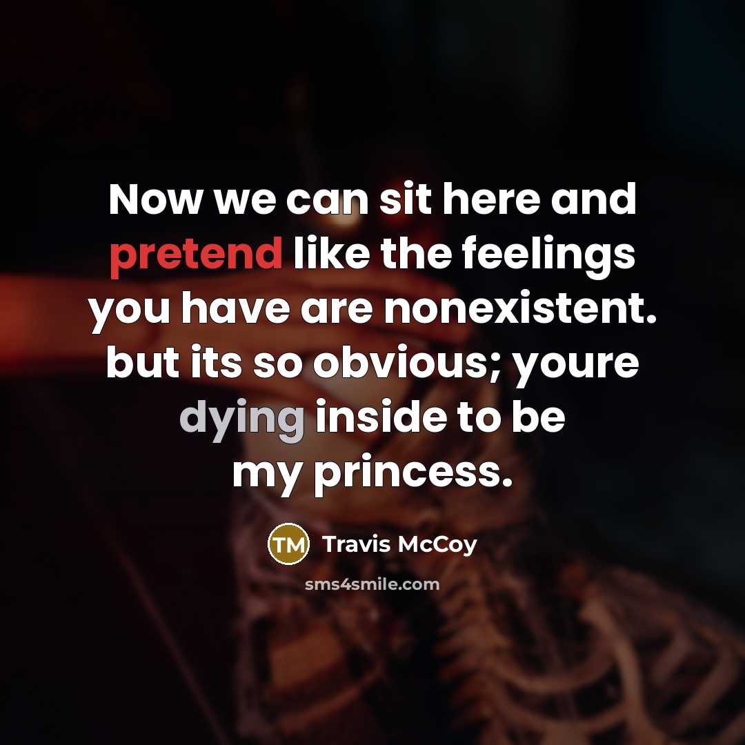 “Now we can sit here and pretend like the feelings you have are nonexistent. but its so obvious; youre dying inside to be my princess.” quote by Travis McCoy