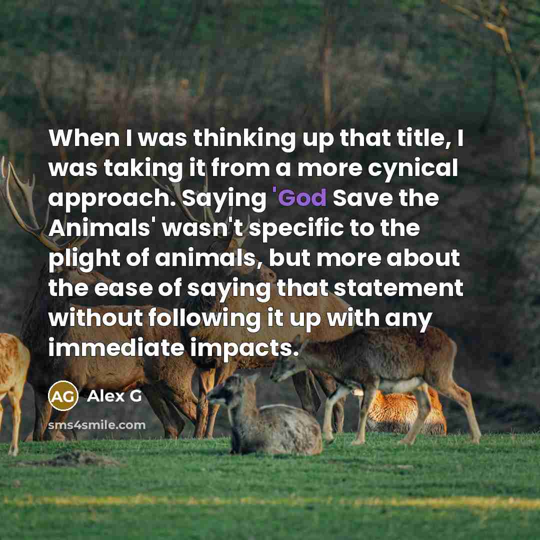 “When I was thinking up that title, I was taking it from a more cynical approach. Saying 'God Save the Animals' wasn't specific to the plight of animals, but more about the ease of saying that statement without following it up with any immediate impacts.” quote by Alex G