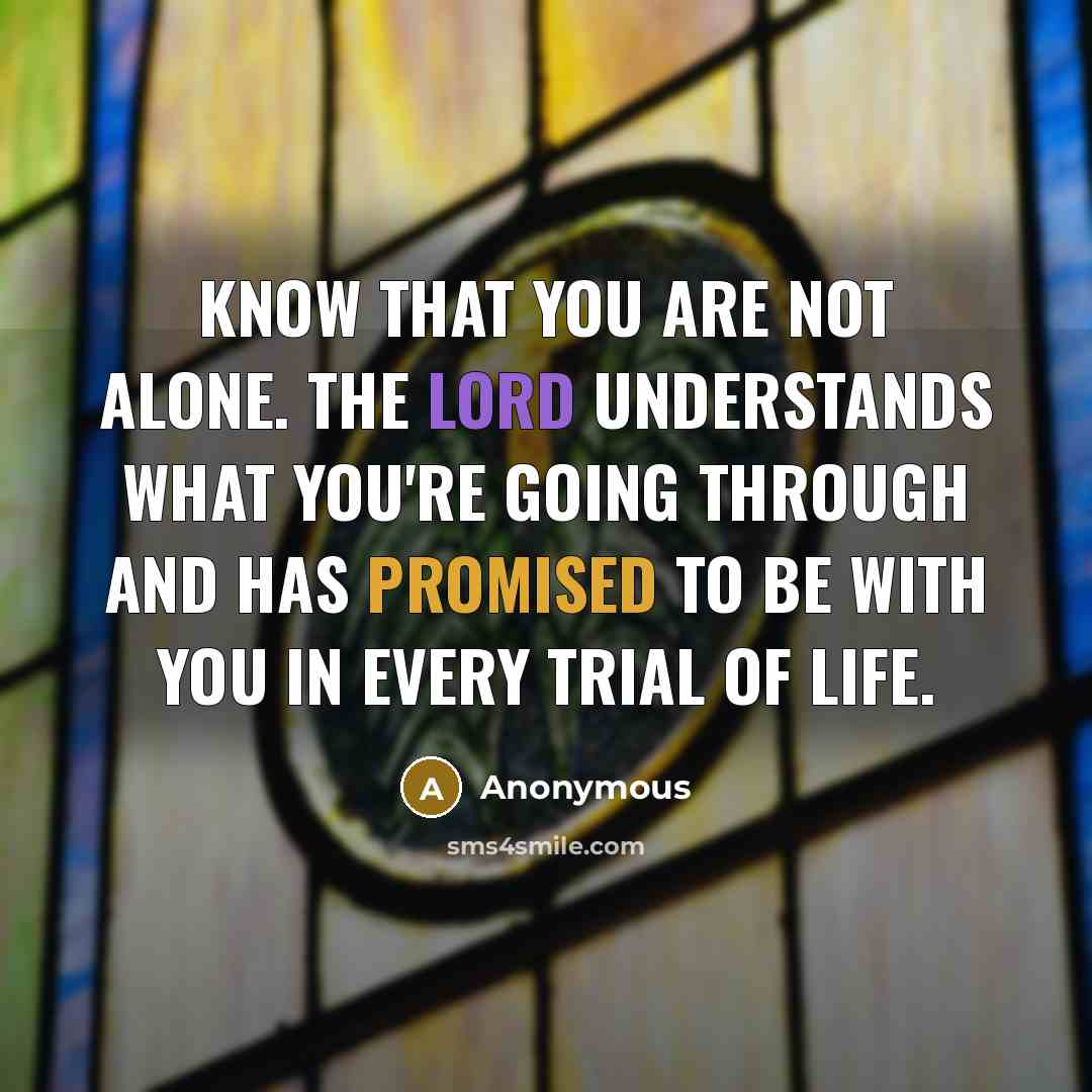 “Know that you are not alone. The Lord understands what you're going through and has promised to be with you in every trial of life.” quote by Anonymous