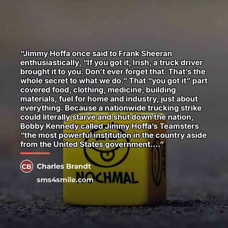 “Jimmy Hoffa once said to Frank Sheeran enthusiastically, “If you got it, Irish, a truck driver brought it to you. Don’t ever forget that. That’s the whole secret to what we do.” That “you got it” part covered food, clothing, medicine, building materials, fuel for home and industry, just about…” quote by Charles Brandt