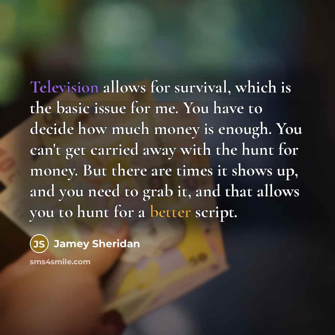 “Television allows for survival, which is the basic issue for me. You have to decide how much money is enough. You can't get carried away with the hunt for money. But there are times it shows up, and you need to grab it, and that allows you to hunt for a better script.” quote by Jamey Sheridan