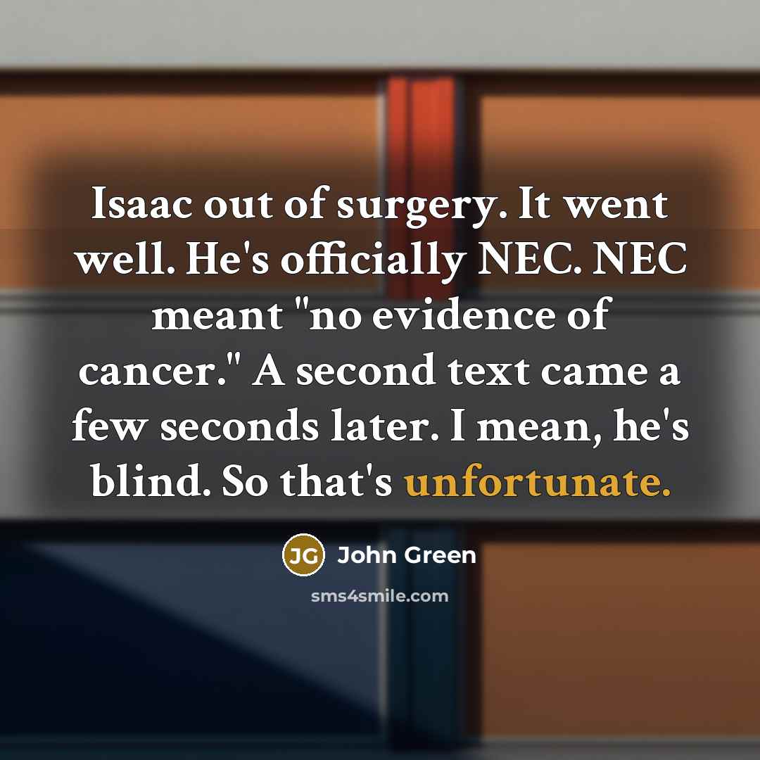“Isaac out of surgery. It went well. He's officially NEC. NEC meant "no evidence of cancer." A second text came a few seconds later. I mean, he's blind. So that's unfortunate.” quote by John Green
