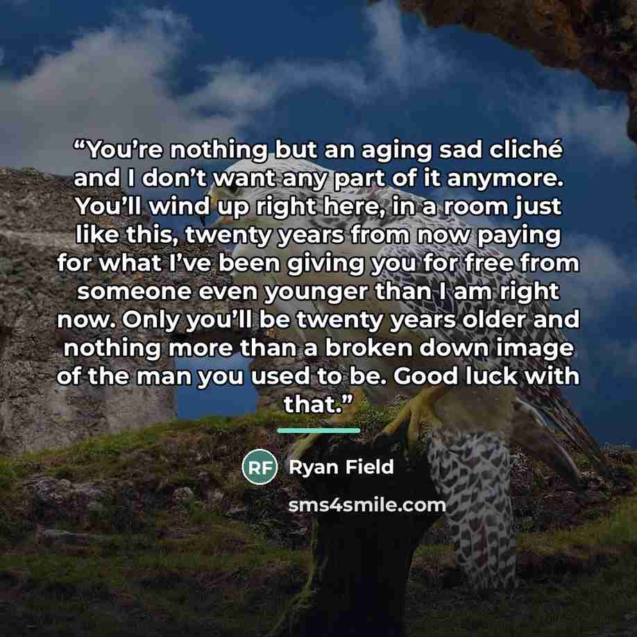 “You’re nothing but an aging sad cliché and I don’t want any part of it anymore. You’ll wind up right here, in a room just like this, twenty years from now paying for what I’ve been giving you for free from someone even younger than I am right now. Only you’ll be twenty years older and nothing more…” quote by Ryan Field