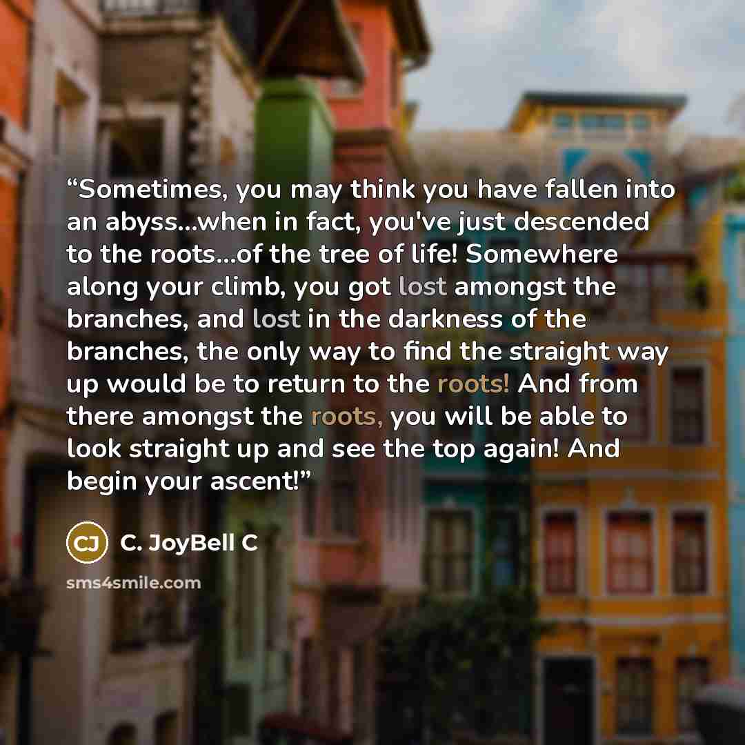 “Sometimes, you may think you have fallen into an abyss...when in fact, you've just descended to the roots...of the tree of life! Somewhere along your climb, you got lost amongst the branches, and lost in the darkness of the branches, the only way to find the straight way up would be to return to…” quote by C. JoyBell C
